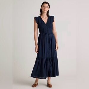 Quince Women Organic Textured Cotton Smocked V-Neck Midi Dress • Navy • XL • NWT